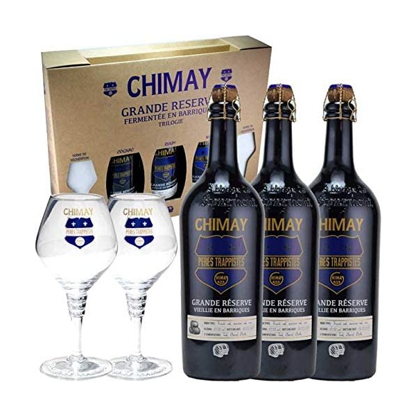 Coffret Chimay Grande Réserve fermentée en barriques 3x75 cl (Cognac, Rhum  et Whisky) + 2 verres dégustation - Coffrets/cadeaux
